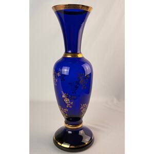 VINTAGE COBALT BLUE GOLD FLORAL 9" GLASS VASE